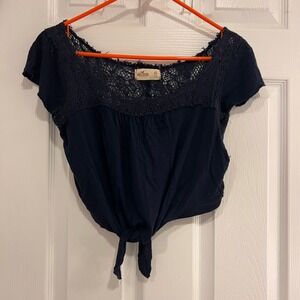 Hollister Navy Blue Crochet Lace Tie Front Cropped Top